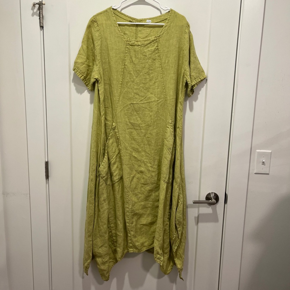 Made in Italy Linen Handkerchief Hem Midi Dress Chartreuse Green TG.U